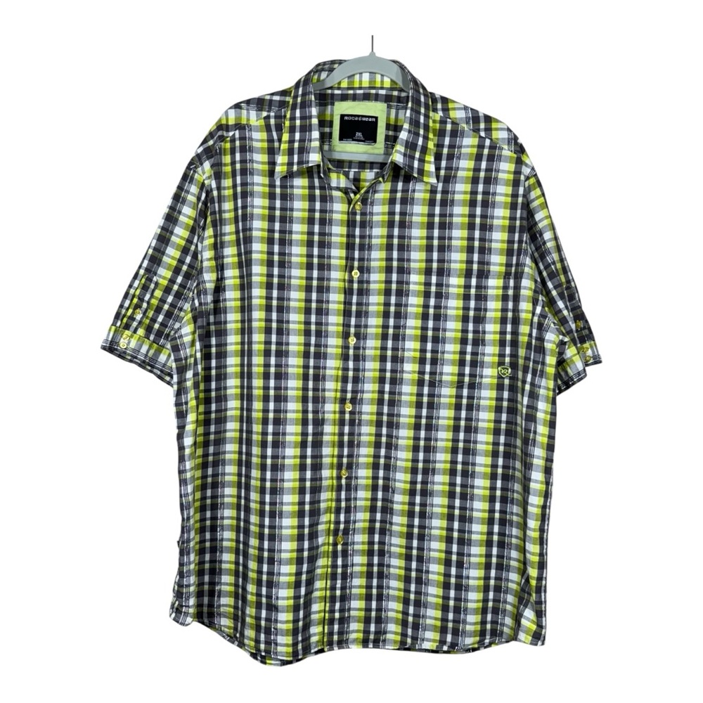 Rocawear Men’s Gray Chartreuse Silver Plaid Short Sleeve Button Down Size 2XL